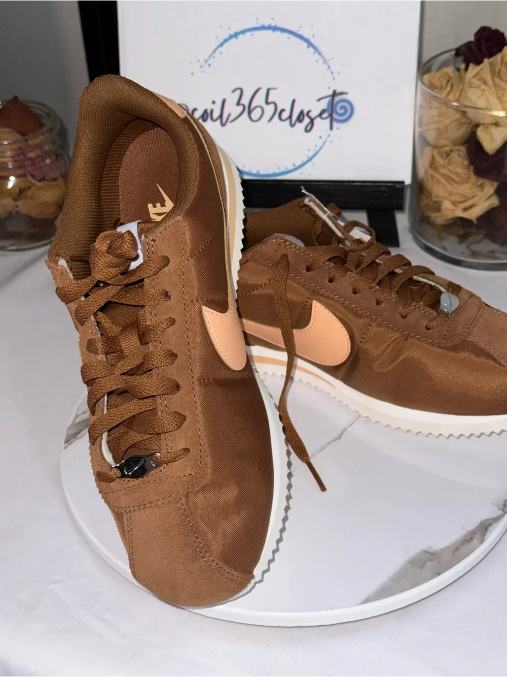 Nike Women’s Cortez Brown Sneakers with Peach Swoosh